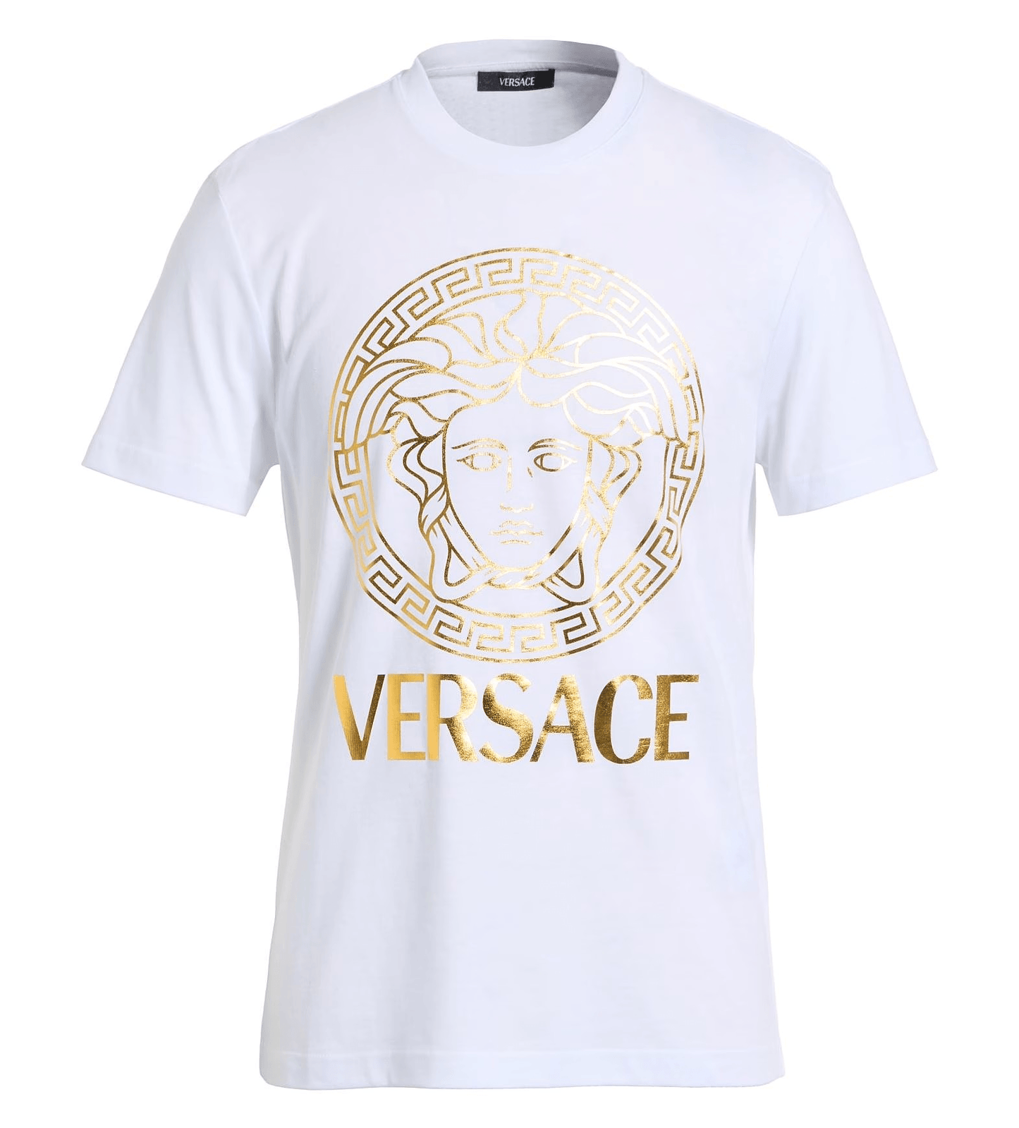 Versace T-Shirt Jersey Metallizzato Bianco 210Y10X02X100 con logo dorato e design iconico su sfondo bianco.
