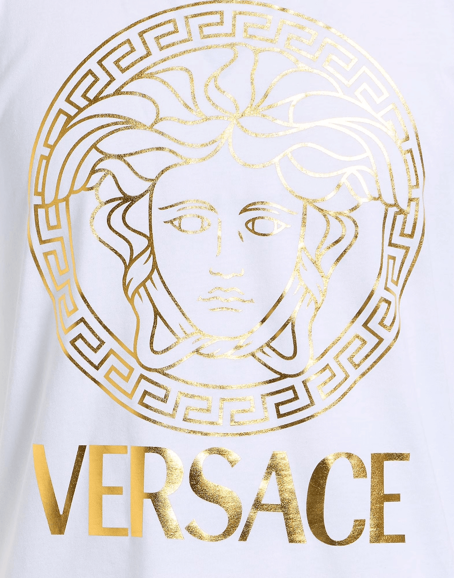 Versace T-Shirt Jersey Metallizzato Bianco 210Y10X02X100 con logo dorato e design iconico su sfondo bianco.