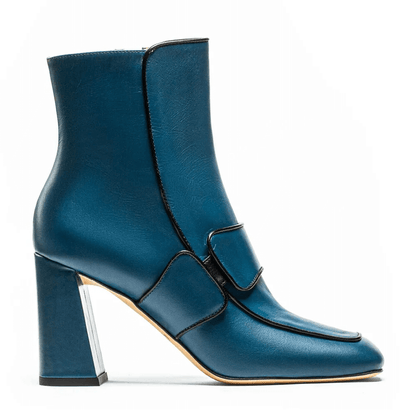 Stivaletto in vera pelle con tacco 220C0V00L200, tronchetto blu con tacco quadrato e cerniera interna.