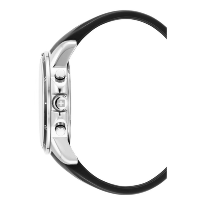Orologio Swiss Alpine 220MNTOROL2M watch side view with black silicone strap and silver case.
