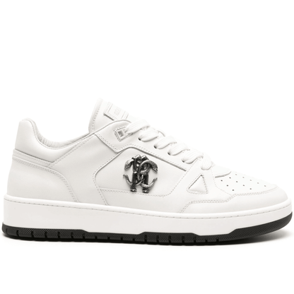 ROBERTO CAVALLI Sneakers in Pelle di Vitello premium bianche con logo in metallo elegante.