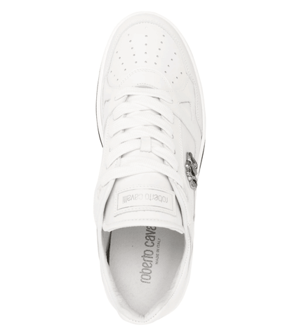 ROBERTO CAVALLI Sneakers in Pelle di Vitello premium bianche con logo in metallo elegante.