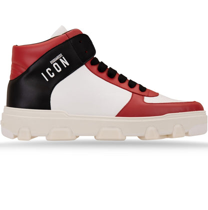 Dsquared2 Sneakers Alte ICON in Pelle Rosso with red, white, and black design featuring round toe and icon branding.