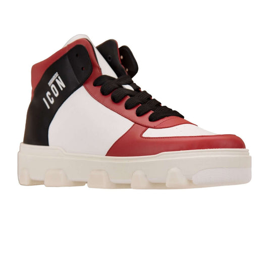 Dsquared2 Sneakers Alte ICON in Pelle Rosso with red, white, and black design featuring round toe and icon branding.