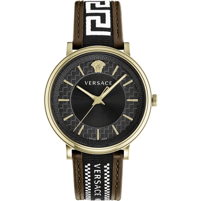 Orologio Versace Oro Verde con quadrante nero, cassa dorata e cinturino in pelle elegante.