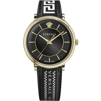 Orologio Versace Oro Verde con quadrante nero, cassa dorata e cinturino in pelle, design elegante e raffinato.