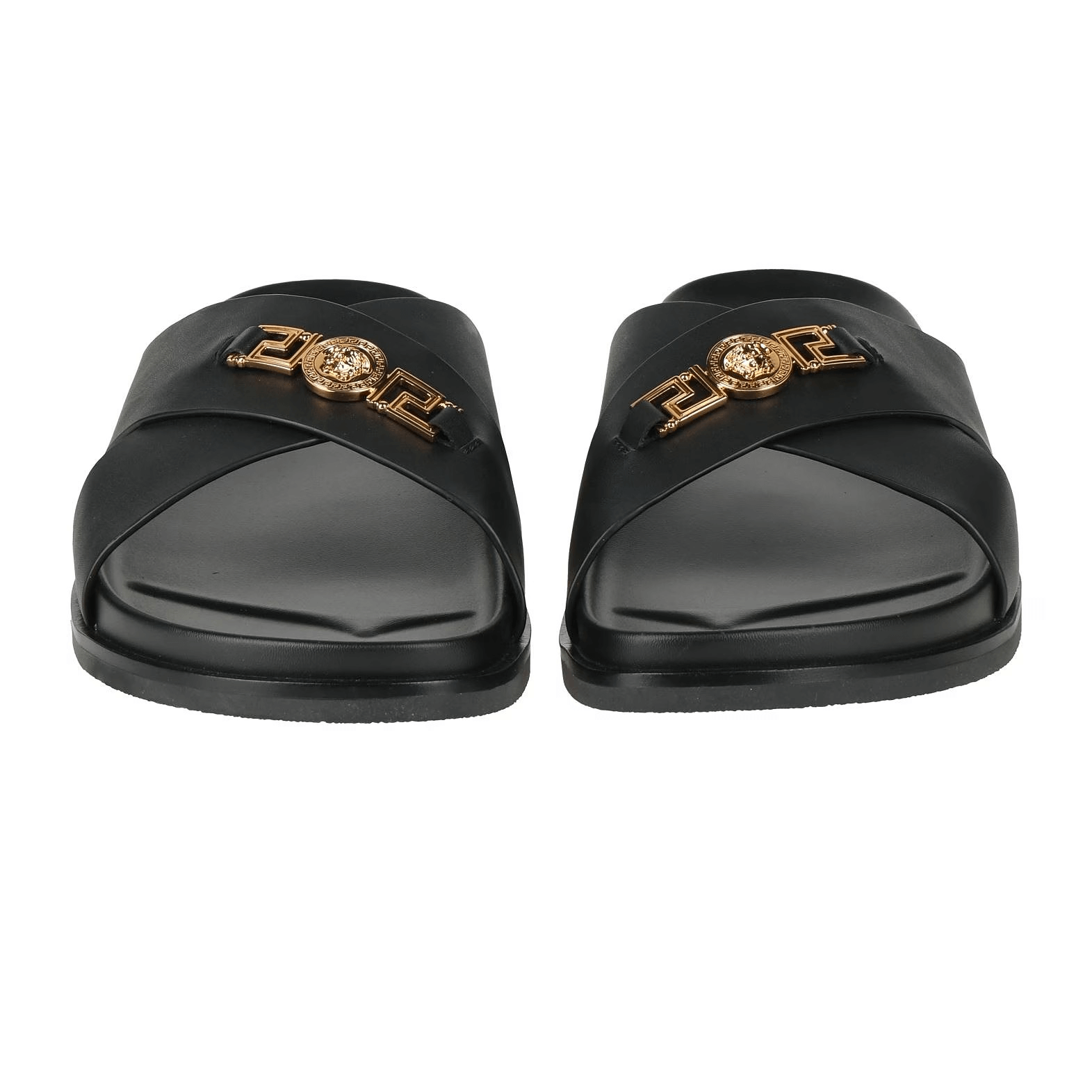 Sandali in Pelle di qualità VERSACE 345Y6X03X100, eleganti sandali in pelle nera con design iconico e comfort duraturo.