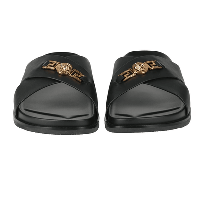 Sandali in Pelle di qualità VERSACE 345Y6X03X100, eleganti sandali in pelle nera con design iconico e comfort duraturo.