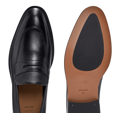 BOSS mocassini eleganti in pelle, scarpe di lusso artigianali Made in Italy, design classico e senza tempo.