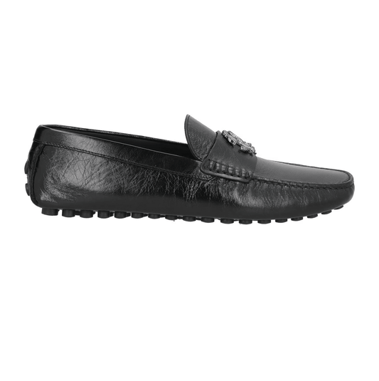 Roberto Cavalli Mocassini in Pelle Marrone side view car shoes with premium leather and rubber sole.