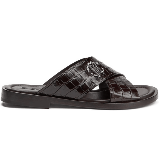 Roberto Cavalli sandali effetto coccodrillo 400F6R01F100, con texture effetto coccodrillo e fascia a incrocio.