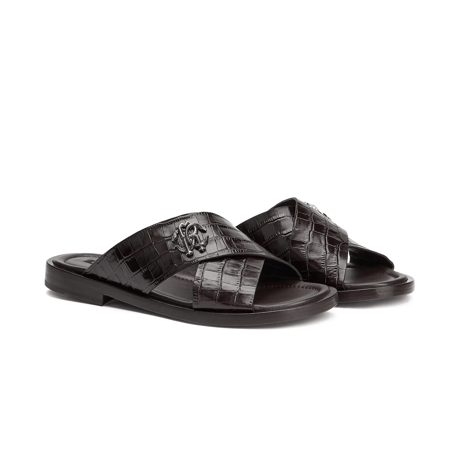 Roberto Cavalli sandali effetto coccodrillo 400F6R01F100, con texture effetto coccodrillo e fascia a incrocio.
