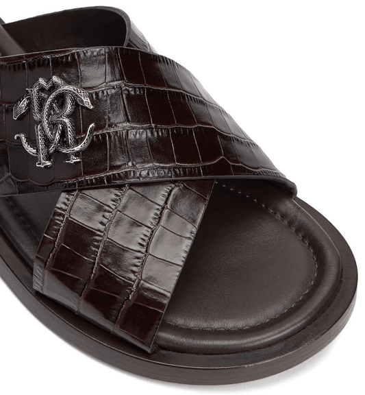 Roberto Cavalli sandali effetto coccodrillo 400F6R01F100, con texture effetto coccodrillo e fascia a incrocio.