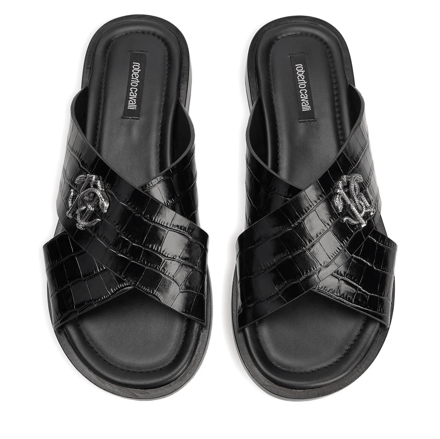 Roberto Cavalli sandali effetto coccodrillo 400F6R01F100, con texture effetto coccodrillo e fascia a incrocio.