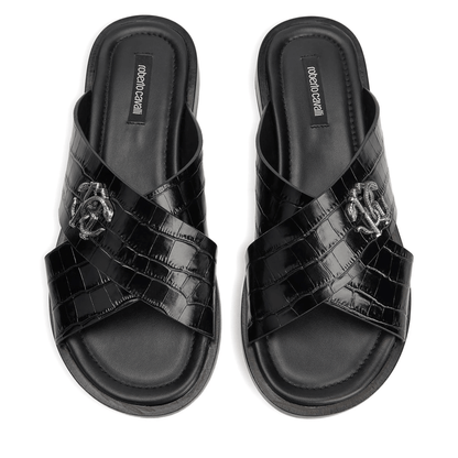 Roberto Cavalli sandali effetto coccodrillo 400F6R01F100, con texture effetto coccodrillo e fascia a incrocio.