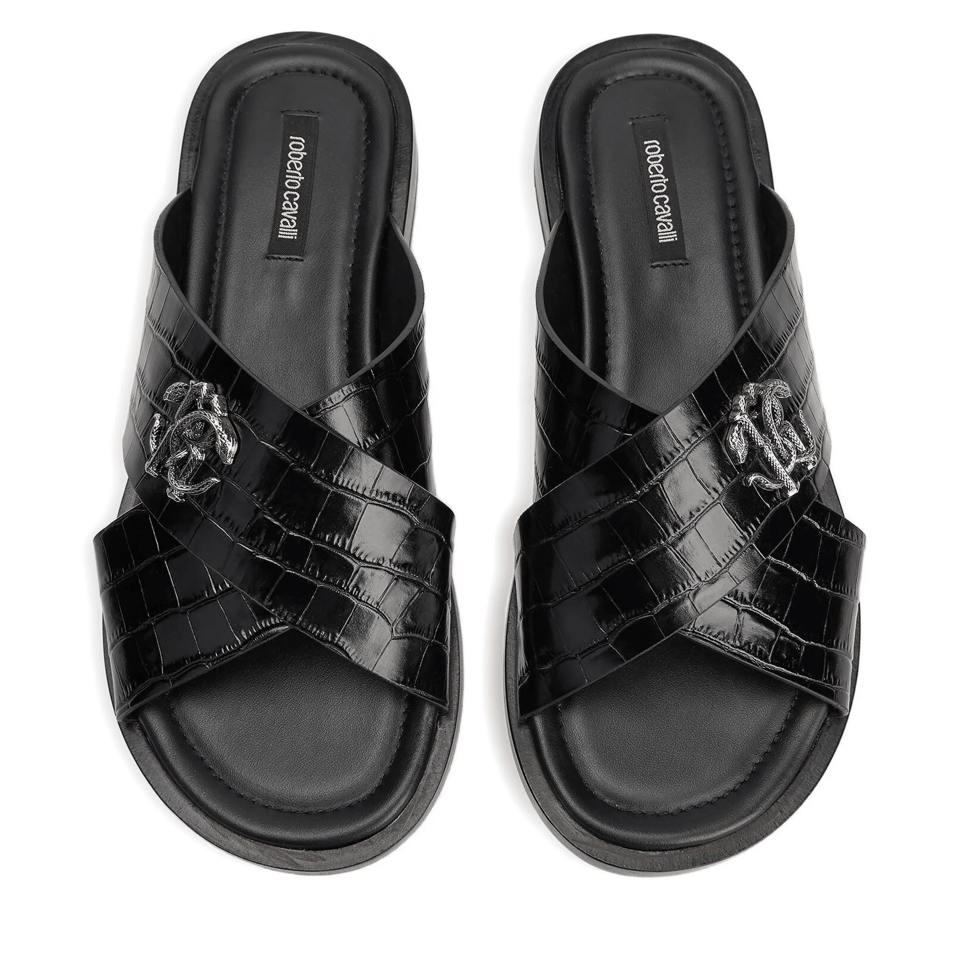 Roberto Cavalli sandali effetto coccodrillo 400F6R01F100, con texture effetto coccodrillo e fascia a incrocio.