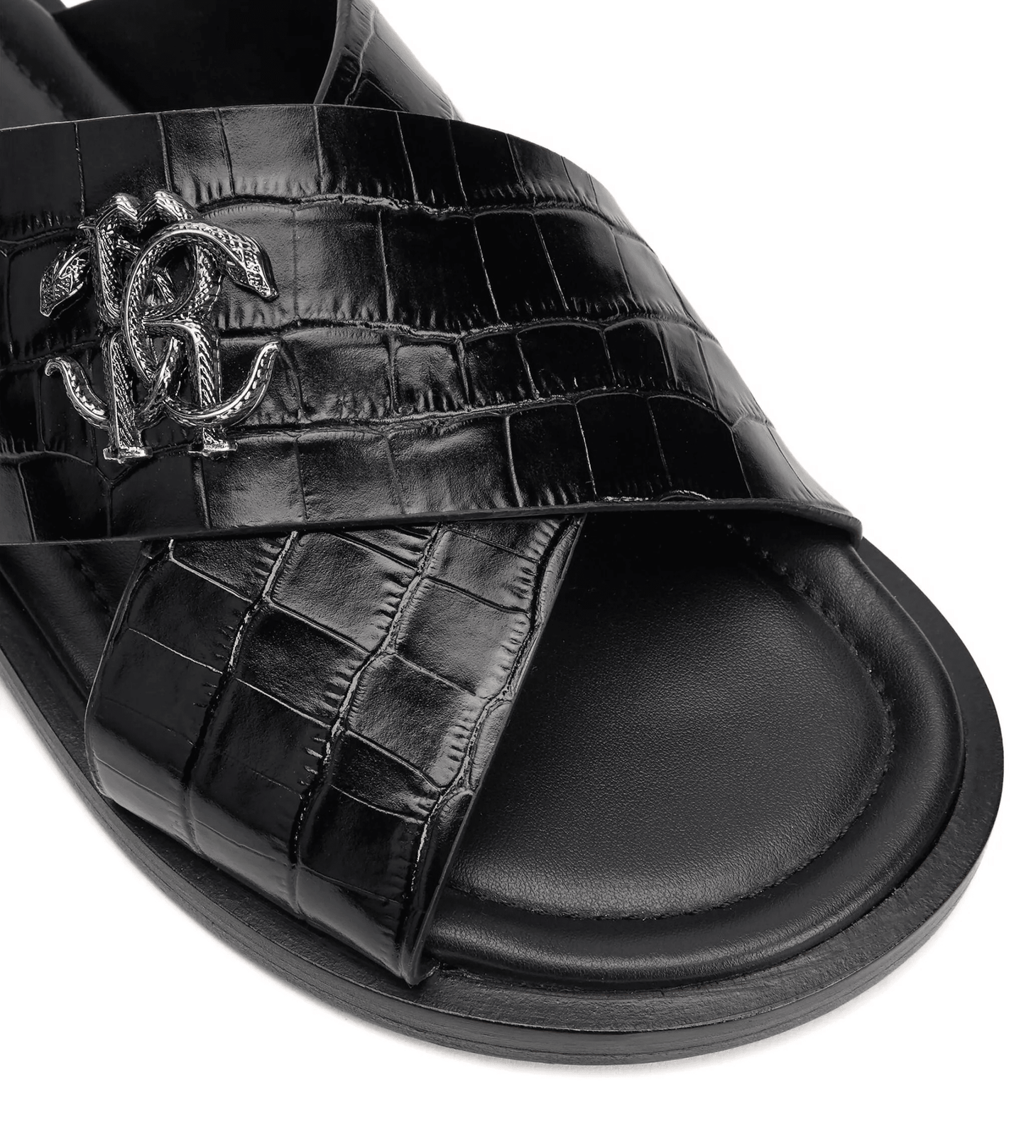 Roberto Cavalli sandali effetto coccodrillo 400F6R01F100, con texture effetto coccodrillo e fascia a incrocio.
