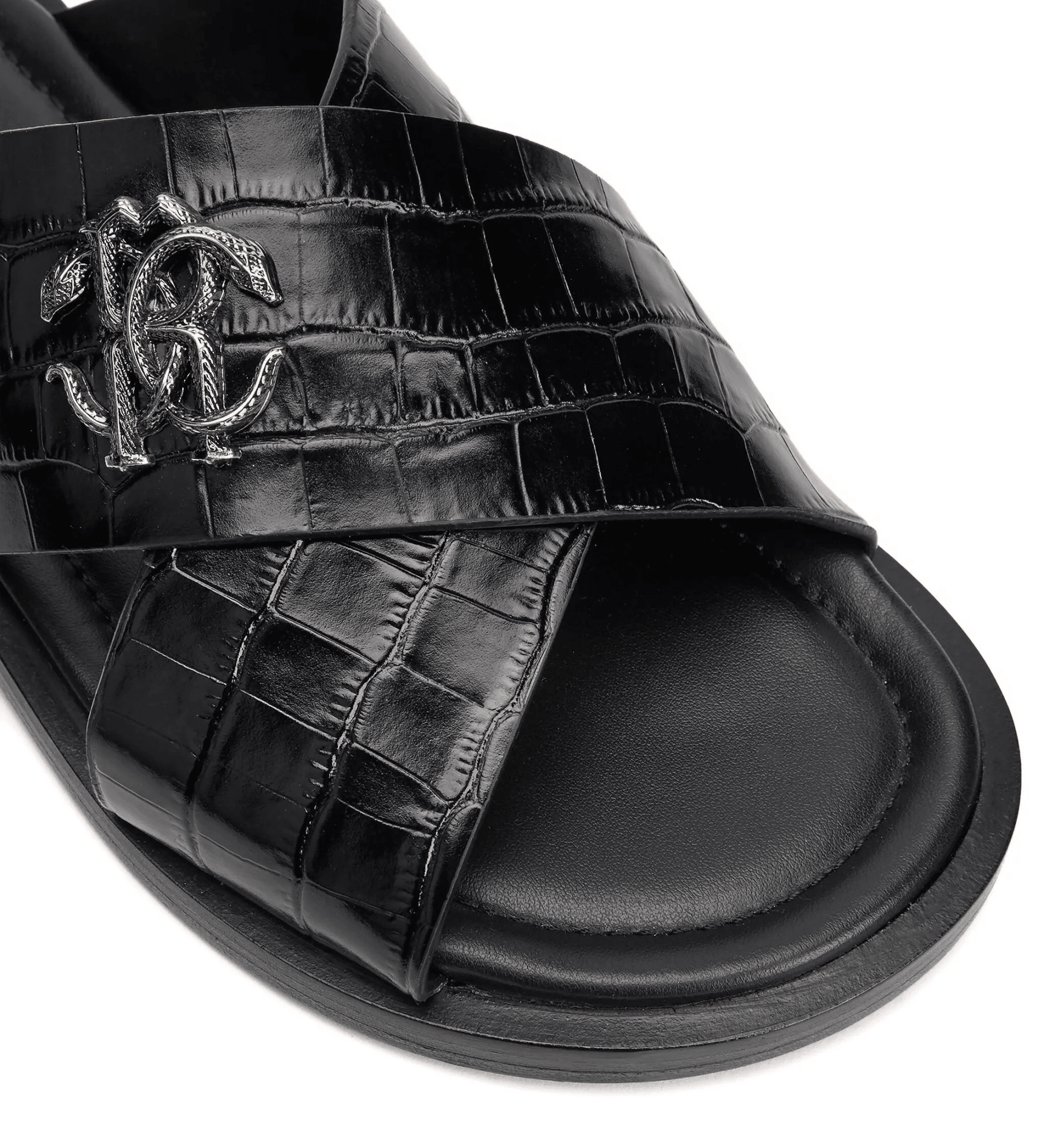 Roberto Cavalli sandali effetto coccodrillo 400F6R01F100, con texture effetto coccodrillo e fascia a incrocio.