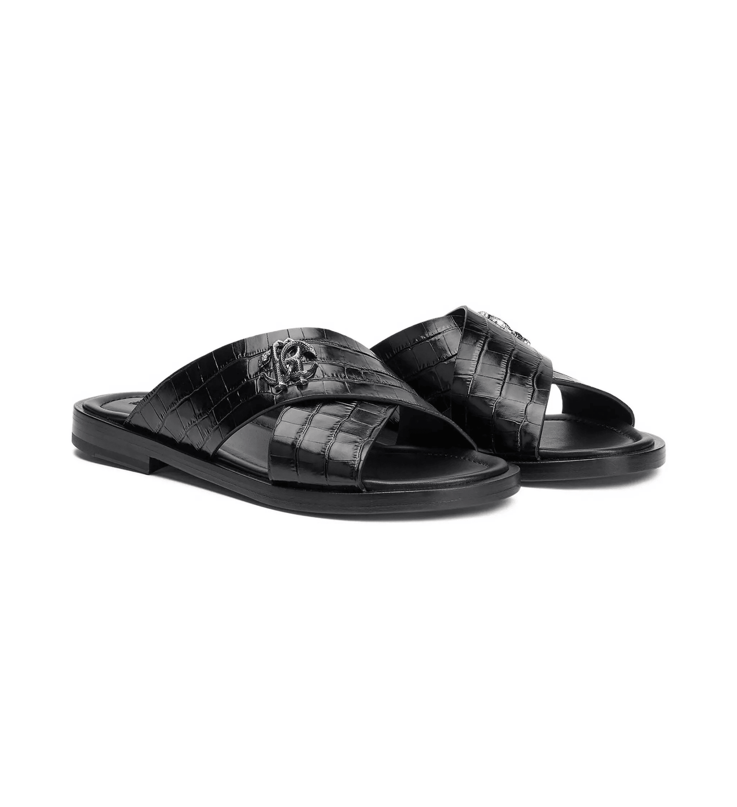 Roberto Cavalli sandali effetto coccodrillo 400F6R01F100, con texture effetto coccodrillo e fascia a incrocio.