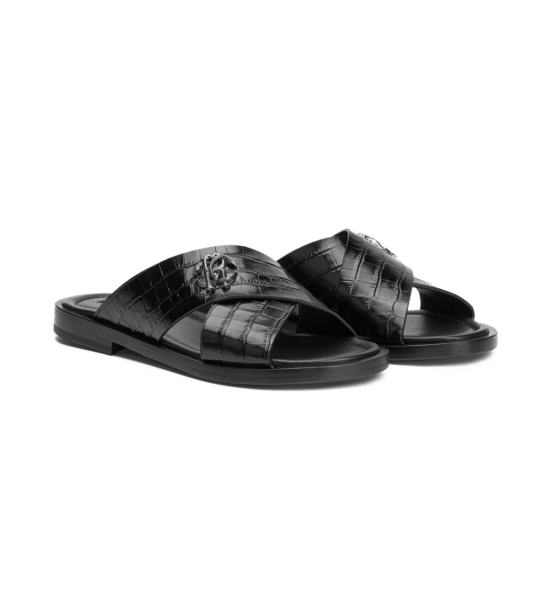 Roberto Cavalli sandali effetto coccodrillo 400F6R01F100, con texture effetto coccodrillo e fascia a incrocio.