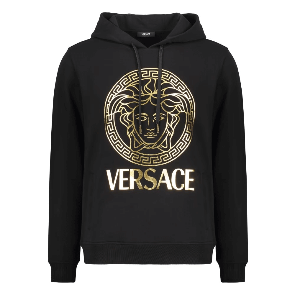 Felpa in cotone Versace 400LST1FELPE100 con logo dorato su sfondo nero.