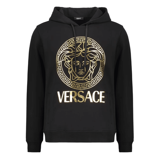 Felpa in cotone Versace 400LST1FELPE100 con logo dorato su sfondo nero.