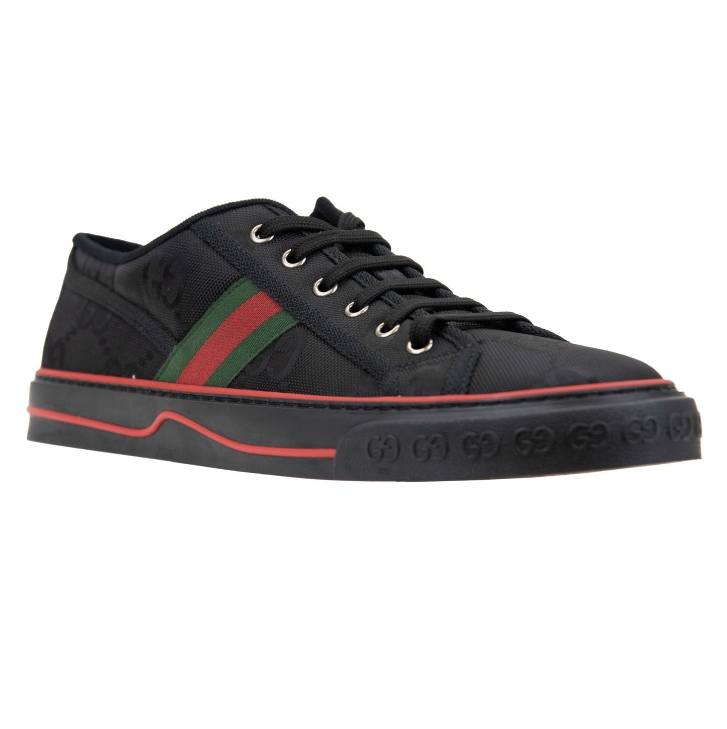 Gucci Sneakers basse Firmate con Motivo GG in tessuto nero con bande bicolore e suola nera.