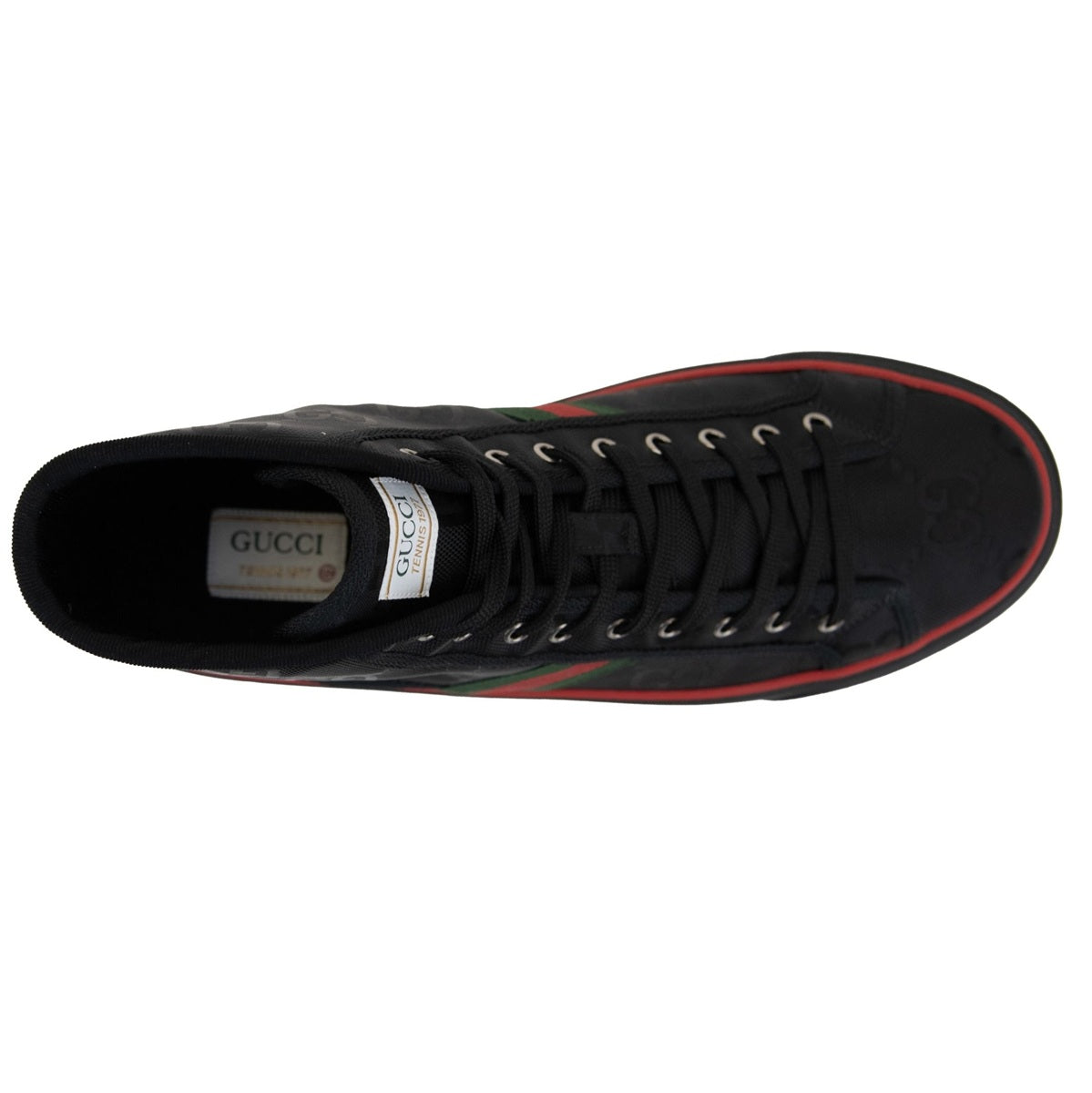 Gucci Sneakers alte Firmate con Motivo GG, alte sneakers nere con motivo logo GG e bande bicolore laterali.
