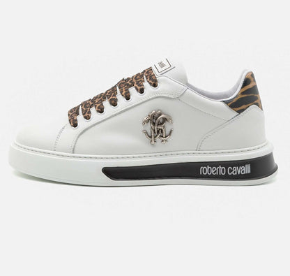 Sneakers Bianco in pelle di vitello 400Z5L02L100 con dettagli in pelle e logo Roberto Cavalli.