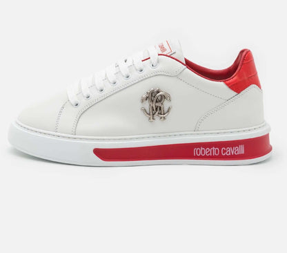 Sneakers Bianco in pelle di vitello 400Z5L02L100 con dettagli in pelle e logo Roberto Cavalli.