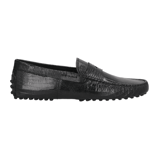 Tod's Mocassini in Pelle nera Stampa Serpente – 410Y3X06X100a, mocassini neri con stampa serpente, eleganza italiana.