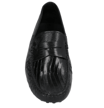 Tod's Mocassini in Pelle nera Stampa Serpente – 410Y3X06X100a, mocassini neri con stampa serpente, eleganza italiana.