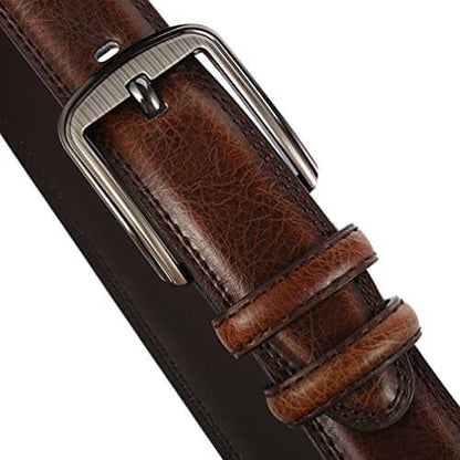 Cintura da uomo in pelle vacchetta M25Z5N25 con fibbia in metallo in stile classico e finitura marrone.