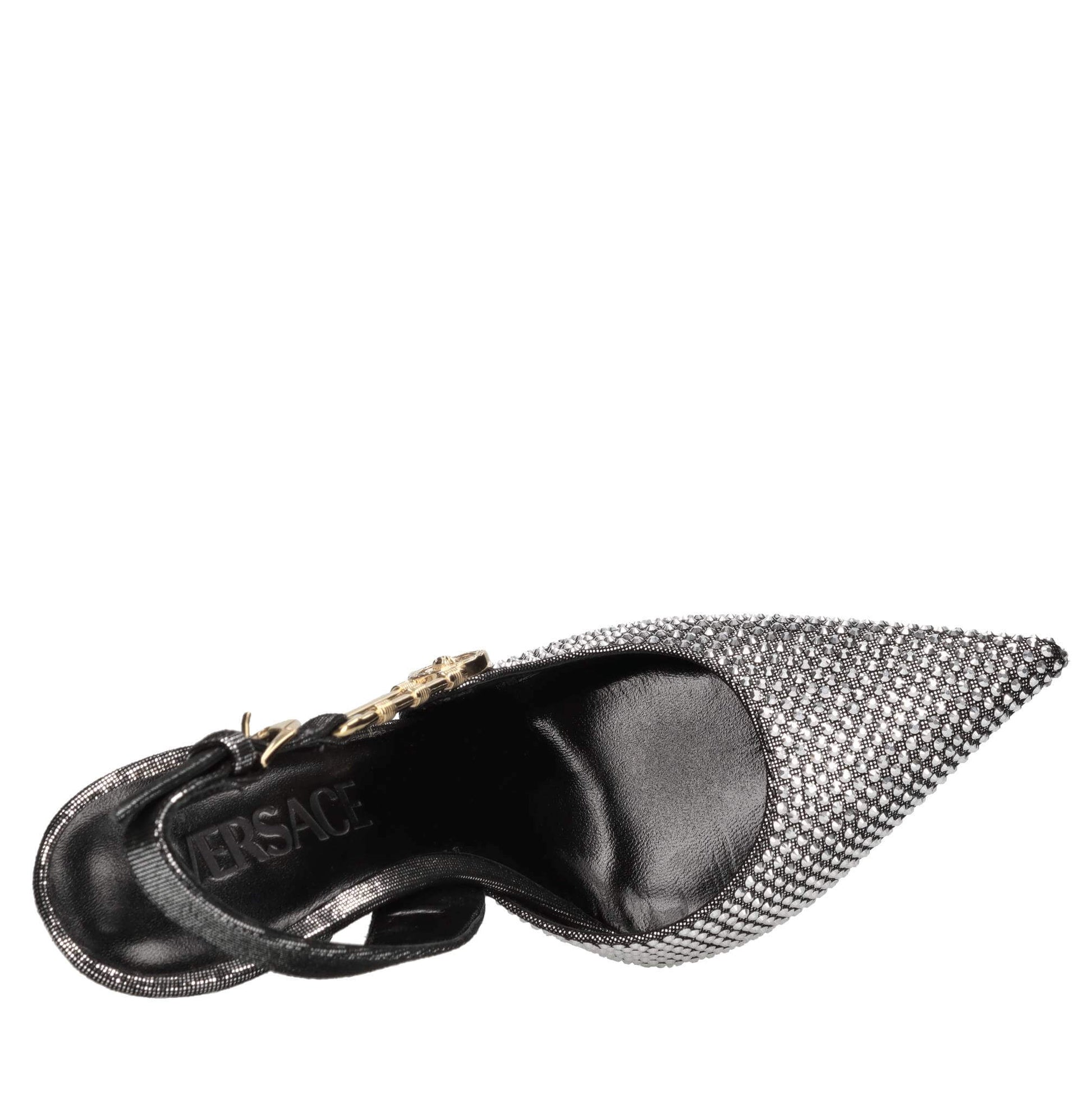 Versace décolleté slingback in pelle e strass, tacco 11 cm, dettaglio oro e design elegante.