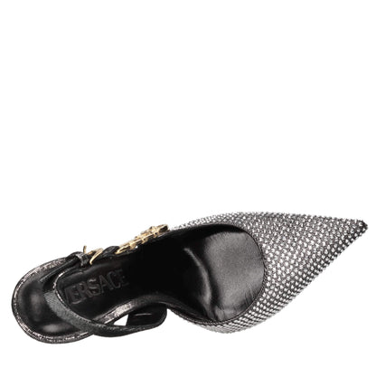 Versace décolleté slingback in pelle e strass, tacco 11 cm, dettaglio oro e design elegante.
