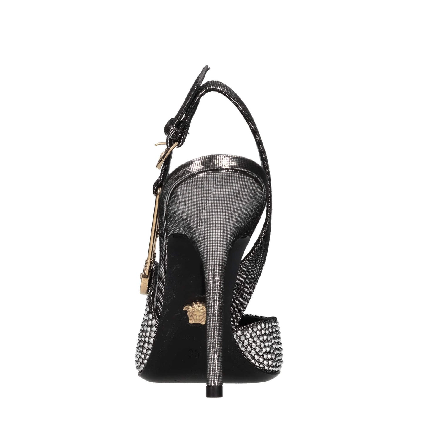 Versace décolleté slingback in pelle e strass, tacco 11 cm, dettaglio oro e design elegante.