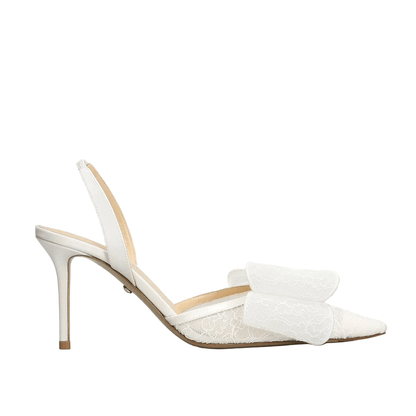 Décolleté da sposa strass tacco 9 cm con dettagli in pizzo e fiocco, elegante e raffinata per il giorno del matrimonio.
