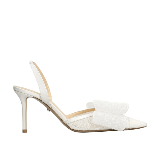 Décolleté da sposa strass tacco 9 cm con dettagli in pizzo e fiocco, elegante e raffinata per il giorno del matrimonio.