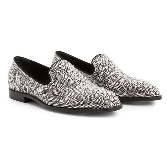 Mocassini in Suede Nero con Ricamo Strass Cristallo All-Over, loafer raffinato con strass color cristallo.