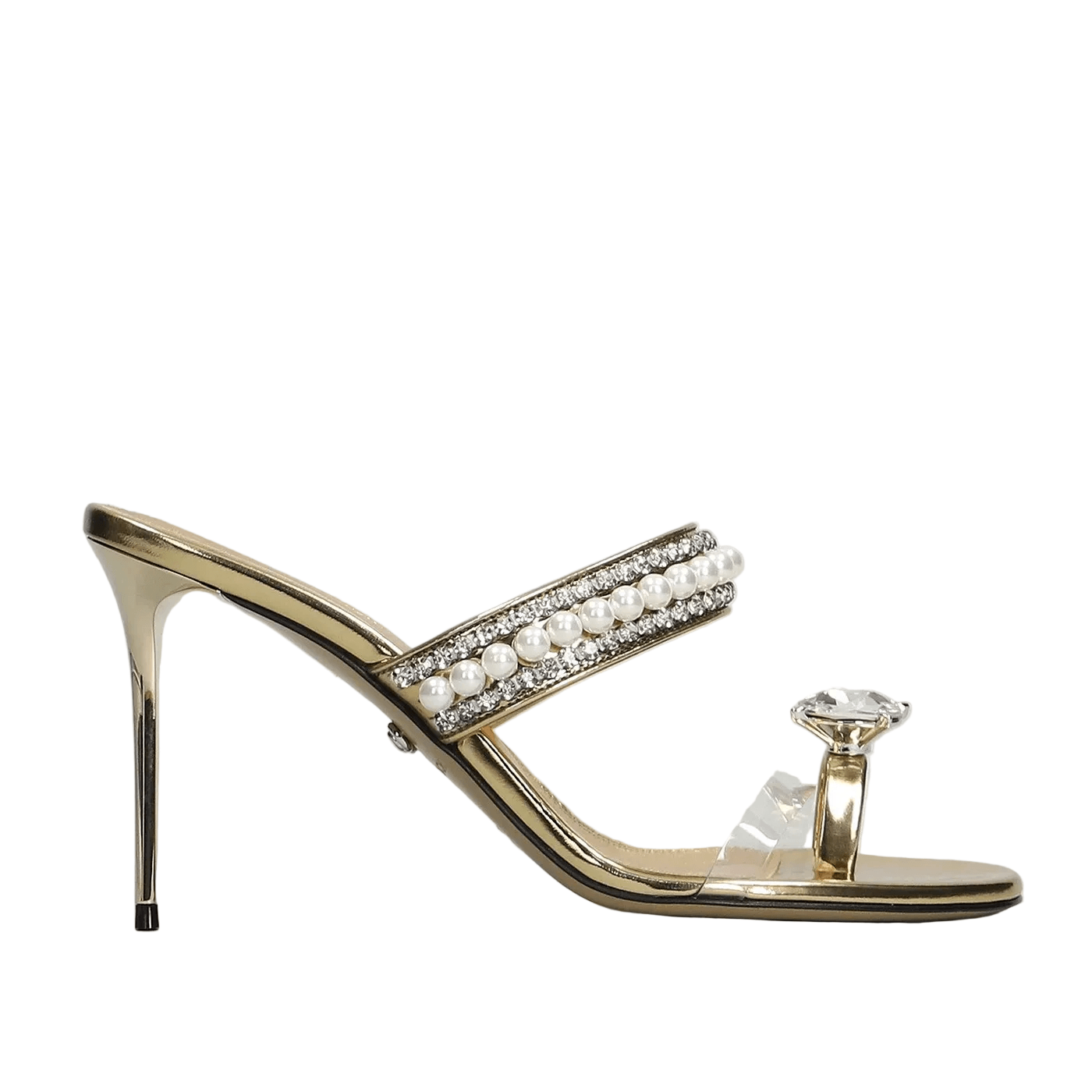 Sandali mule oro cristalli perline tacco 9,5 cm con strap trasparente e dettagli in perline e cristalli.