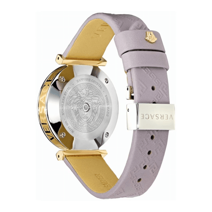 Versace luxury watch 490MNTOROL3D showcasing the back with gold accents and light pink leather strap.