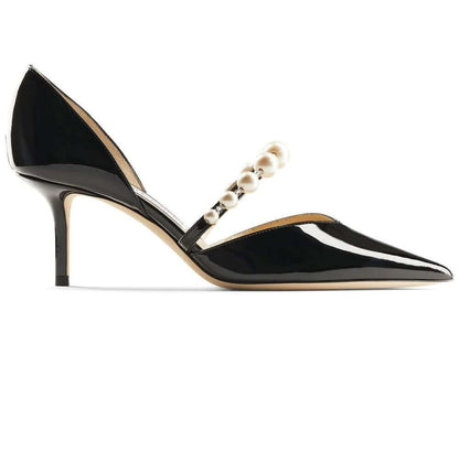 Jimmy Choo Décolleté in Pelle, elegante décolleté neri con perle, tacco medio, design contemporaneo e sofisticato.