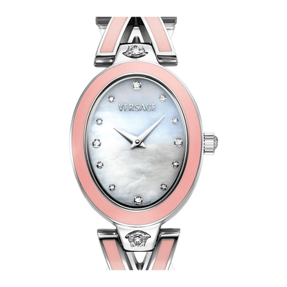 Versace luxury watch 640MNTOROL1D with mother-of-pearl dial and diamond accents in pink and white.