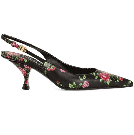 DOLCE & GABBANA Scarpe Tacco Stiletto Slingback con stampa floreale nera, elegante e sensuale.