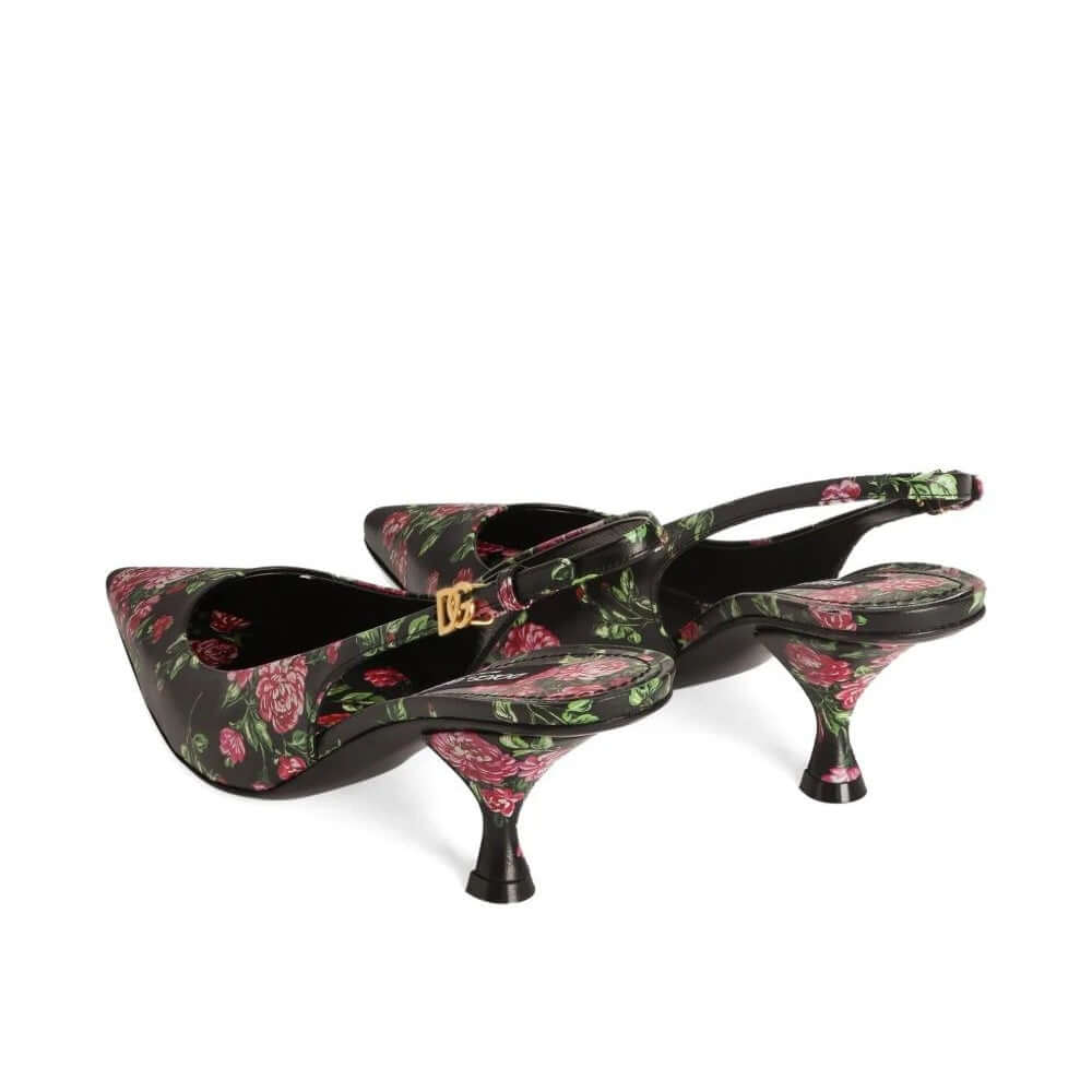 DOLCE & GABBANA Scarpe Tacco Stiletto Slingback con stampa floreale nera, elegante e sensuale.