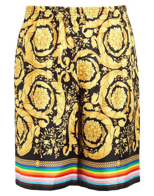 Versace shorts twill premium 700Y10X01100 con stampa floreale e dettagli colorati.
