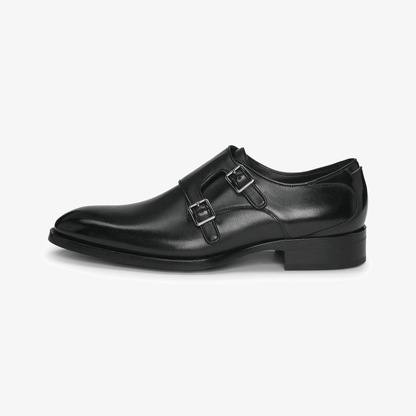 Fibbie in pelle Made in Italy 700Z7L02D100, scarpe in pelle nera con doppia fibbia, eleganza e qualità artigianale.