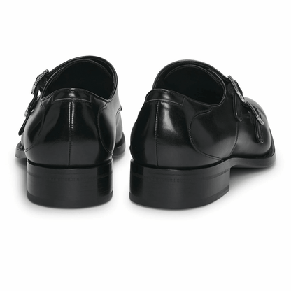 Fibbie in pelle Made in Italy 700Z7L02D100, scarpe in pelle nera con doppia fibbia, eleganza e qualità artigianale.