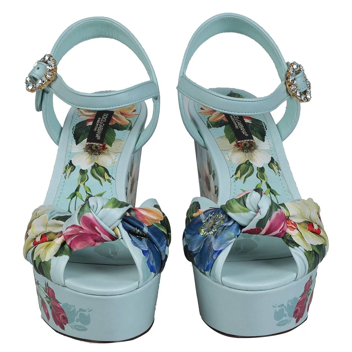 Dolce&Gabbana sandali floreali con zeppa in pelle azzurra con cristalli e fantasia floreale colorata