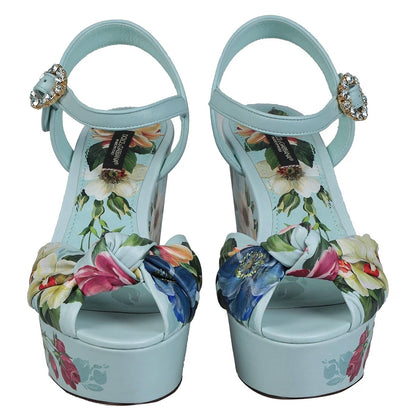 Dolce&Gabbana sandali floreali con zeppa in pelle azzurra con cristalli e fantasia floreale colorata